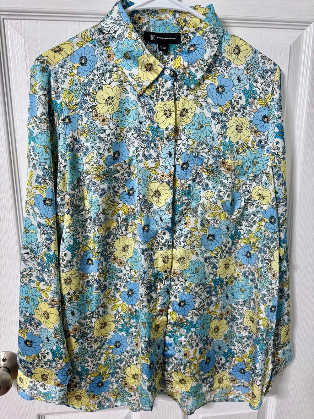 INC International Concepts Blue & Yellow Floral Button-Front Blouse